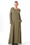 Long Sleeve Nazlı Side Double Pockets Autumn and Winter Authentic Double Muslin Long Dress Khaki Hk