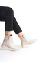 Low Heel Zippered Women's Beige Booties with Ribbon and Buckle Detail