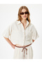 Crop Oversize Shirt Viscose Linen Blended Buttoned Short Sleeve Pocket - 3
