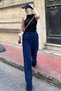 Navy Blue Elastic Waist High Waist Spanish Leg Knitwear Trousers Mg2211 - 3