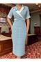 Women's Blue Imported Tweed Fabric Checked Lined Brooch Detail Sleeves Pearl Embroidery Design Dress - 2