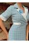 Women's Blue Imported Tweed Fabric Checked Lined Brooch Detail Sleeves Pearl Embroidery Design Dress - 3