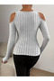 Women's Light Gray Long Sleeve Off Shoulder Cutout Detailed Ribbed Knit Stretch Fabric Blouse - 3