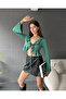 Women's Spanish Long Sleeve Tie-Up Ruffle Detailed V-Neck Crop Blouse Green - 3