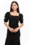 Black Color Crepe Fabric Square Collar Balloon Sleeve Fish Model Midi Length Dress - 6