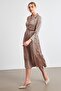 Beige-Navy Blue Shirt Collar Waist Belted Skirt Pleated Patterned Dress - 2