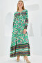 Women's Green Red Patterned Long Viscose Dress 1947