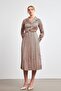 Beige-Navy Blue Shirt Collar Waist Belted Skirt Pleated Patterned Dress