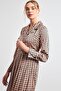 Beige-Navy Blue Shirt Collar Waist Belted Skirt Pleated Patterned Dress - 3