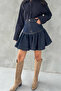Navy Blue Drenthe Gather Detailed Heart Buttoned Denim Skirt - 4