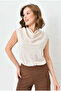Draped Degaje Collar No Inner Show Short Sleeve Blouse Shirt - 2