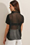 0455 Short Sleeve Chiffon Blouse - Black - 5