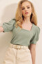 0409 Square Neck Knitted Blouse - Çağla - 3