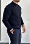 Men's Half Zipper Polo Collar Seasonal Sweater Navy Blue Edw195 - 3