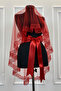 Red Wide Bridal Veil Set with Sequins and Pearls, Henna Night Cover 6 Pieces - 7