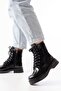 02-356 Black Patent Leather Flat Heeled Lace up Zippered Daily Women's Boots