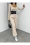 Beige Women's Long Sleeve Crop Blouse and Wide Leg Pants Set with Pockets - Pleated and Beli Band Detail