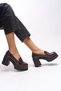 Taryndilwen Women's Buckle Heeled Loafer 00121009 Burgundy Wrinkled Patent Leather - 5