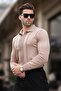 Beige Polo Neck Striped Men's Knitwear Sweater 7265 - 2