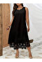 Women's Sleeveless Skirt Tip Laser Cut Floral Patterned Midi Length Imported Crepe Dress - 7