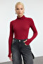 Burgundy Fitted/Tailored Turtleneck Ribbed Stretch Knit Blouse with Finger Detail Twoaw21Bz0071