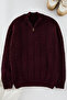 Bordo Unisex Fermuarlı Yarım Balıkçı Saç Örgü Triko Kazak TMNAW21KZ0737 - 6