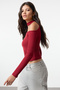 Bordo Carmen Yaka Choker Detaylı Fitted/Vücuda Oturan Crop Fitilli Örme Bluz TWOAW22BZ0531 - 2