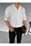 Men's Oversize Cuban Collar Striped Shirt White - 2