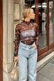 Black Floral Patterned Long Sleeve Tulle Transparent Women's Blouse - 3