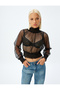 Crop Tulle Transparent Blouse Long Sleeve Stand Collar Cuffs and Elastic Waistband