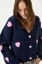 Women's Cozy Navy Blue Pink Heart Embroidered Knitwear Cardigan - 4