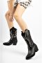 Black Leather White Star Embroidered Zippered Western Cowboy Women's Boots - 2
