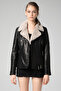 Artemis Women's Jumbo Collar Fur Genuine Leather Coat Black