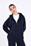 Navy Blue Kangaroo Pocket Hooded Zippered Oversize Women's Sweatshirt - 3