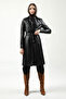 Angela Women's Stitching Detailed Belted Real Leather Trench Coat Black - 3