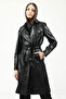 Angela Women's Stitching Detailed Belted Real Leather Trench Coat Black - 4