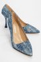 Women's high heel shoes with stone ribbon from the wrist, navy blue jeans