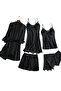 Women's 5 Piece Satin Laced Nightgown Bridal Dowry Set Black 30740