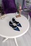 Navy Blue Satin Ankle Strap 2.5 cm Heeled Classic Ballerina Women's Shoes with Double Waterway Stones