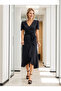   Women's Double Breasted Collar Midi Length Belted Crepe Dress 120 Cm - 7