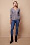 Women's Patterned Knitwear V-Neck Side Slits Off Shoulder Long Sleeve Blouse-Grey