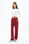 Lubna Trousers - Three Thread Cotton Fabric Wide Leg Burgundy Trousers with Ribbed Stitching Detail - 3