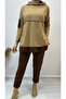 Women's Coffee Hooded Skirt Detail Crest Reverse Stitching Double Suit - 4