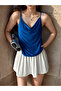 Women's Blue Rope Strap Degaje Collar Stylish Blouse - 5