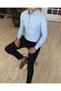 Italian Style Slim Fit Mock Neck Satin Men's Shirt Ice Blue T4749 - 2