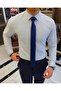 Italian style checked tie collar cotton men's shirt navy blue T11156