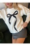 White Bow Detailed Crew Neck Women's Sweater - 4