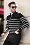 Black Buttoned Polo Collar Striped Long Sleeve Sweater 7270