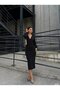Women's Double Breasted Collar Balloon Sleeve Glittery Crepe Fabric Midi Dress - 4