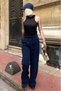 Navy Blue Elastic Waist High Waist Spanish Leg Knitwear Trousers Mg2211 - 4
